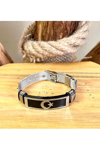 Ay Yıldız Hasır Kemer Kordon Çelik Erkek Bileklik 21cm Gümüş - Siyah