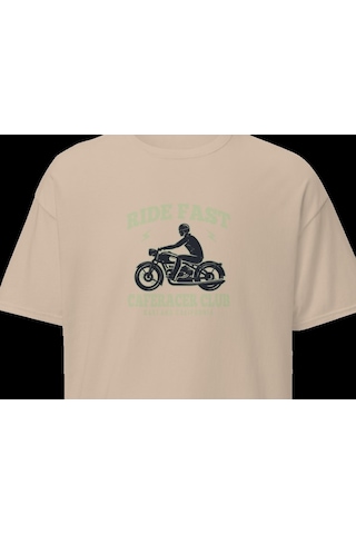 Wildstyle Ride Fast Caferacer Club Motosiklet Vintage Cafe Baskılı Unisex Bisiklet Yaka Pamuklu Tişört - Camel