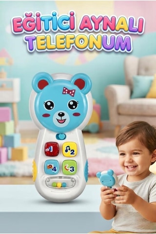 Tıfıl Toys Eğitici Aynalı Müzikli Telefon - Işıklı Sevimli Ayıcık Figürlü Bebek Gelişim Oyuncağı Mavi