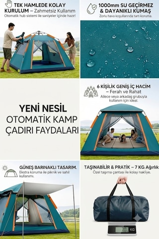 6 Kişilik Tam Otomatik Tenteli Çift Kapılı Kare Kamp Çadırı | 240 x 240 x 160cm | Su Geçirmez