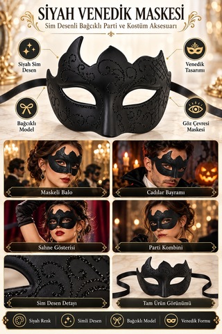 Siyah Venedik Maskesi Sim Desenli Bağcıklı Maskeli Balo Parti Kostüm Halloween Cadılar Bayramı