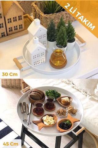 Kitchen Trend Ahşap Kulplu Metal Tepsi 2'li 45 CM+Beyaz Çay Kahve Sunum Tepsisi 30 CM