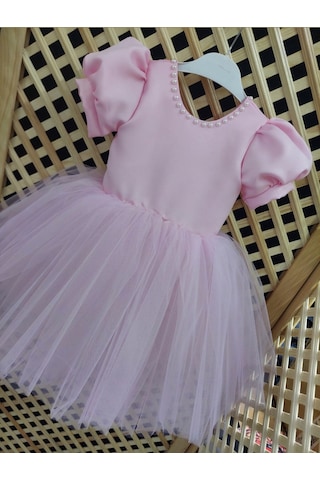 Yakası İncili Pembe Elbise Pembe