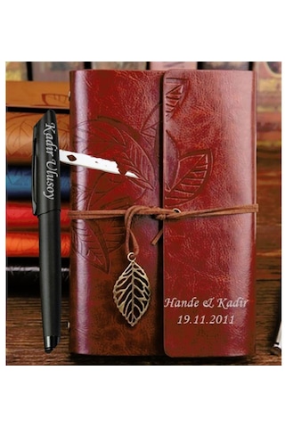 Kişiye Özel Yaprak Tasarımlı Deri Hatıra Defteri ve Mat Siyah Lüx Roller Kalem
