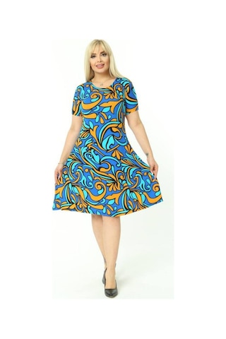 Melsay Butik Turkuaz Desen Kısa Kollu Büyük Beden Midi Elbise Turkuaz