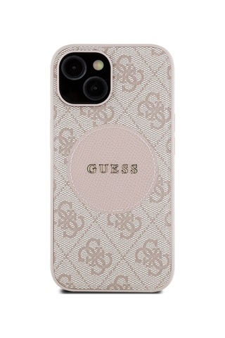 Apple Uyumlu iPhone 15 Kılıf Guess Lisanslı M-safe Şarj Özellikli Yazı Logolu Circle Classic Kapak Pembe