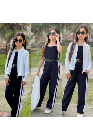 Modavals Kemer Hediyeli Beli Lastikli Şerit Detaylı Garson Boy Kız Çocuk Siyah Tulum & Ceket Kombin Çok Renkli