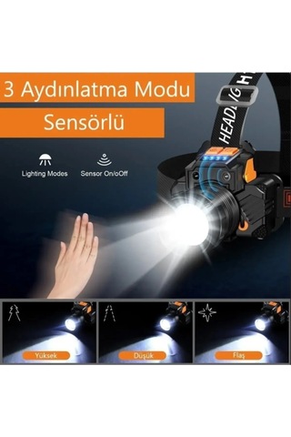 2000lümen Ultraışık Şarjlı 4000mah Powerbankli Elsensörüyle Açılıp Kapatılabilen Kafa Lambası Siyah