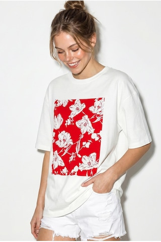 Shade Kadın Bisiklet Yaka Çiçek Baskılı Oversize %100 Pamuklu T-shirt Öt100001 60286273 - Beyaz-kırmızı Beyaz - Kırmızı
