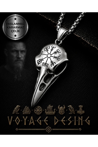 Vegvisir Sembol Paslanmaz Çelik Viking Kuzgun Kurukafa Erkek Çelik Raven Kolye Metalik Çelik
