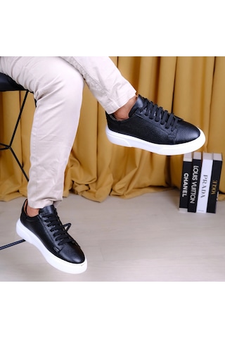 Twingold Kişiselleştirilebilir Kalın Ortopedik Tabanlı %100 Deri Sneaker Spor Ayakkabı - Siyah - Beyaz Siyah