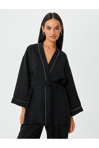 Koton Kimono Kuşaklı Işıltılı Şerit Detaylı Siyah 4wak50160uw Siyah