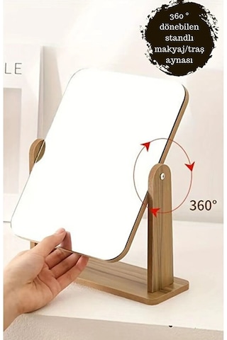 Masa Üstü Ahşap 360 Derece Ayarlanabilir Makyaj Güzellik Traş Cilt Bakım Aynası 13x18 Cm Açık Kahverengi
