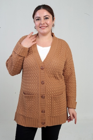 By Saygı Kadın Sepet Örgü Model Cepli Tunik Hırka Camel