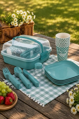 Titiz Lovely 32 Parça 6 Kişilik Piknik Seti Bpa Free Kapaklı Taşınabilir Piknik Sepeti Çok Renkli