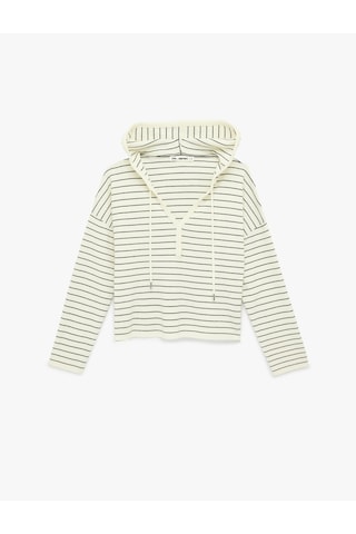 Koton Koyun Yünü Karışımlı Düğmeli Uzun Kollu Kapüşonlu Sweatshirt Ekru Çizgili 6sal90002ht Ekru Çizgili