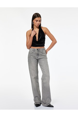 Koton Slim Fit Kadife Degaje Yaka Kolsuz Crop Bluz Siyah 7wal30002ık
