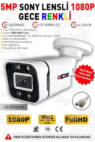 Ids Gece Renkli 5mp Sony Lens 1080P FHD Ahd Güvenlik Kamerası 4X ultra Led Plastik Kasa 4 Adet