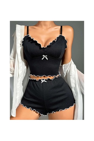 Kadın Siyah Fitilli Askılı Şortlu Pijama Takım 5042