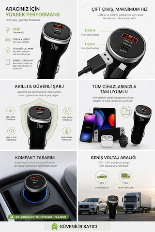 Nivego 51w Pd 6a Araç İçi Hızlı Şarj Cihazı Usb-c + Usb-a Çift Çıkışlı Type-c Ve İphone Uyumlu Oto Çakmaklık Şarj Adaptörü