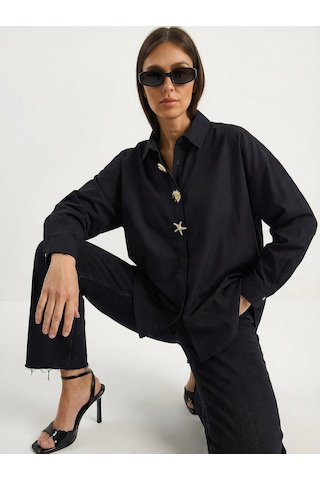 Shade Kadın Gold Düğme Aksesuarlı Poplin Gömlek 7508 60283943 - Siyah