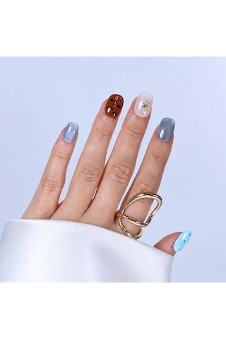 Takma Tırnak Renkli Nail Art Kısa Yuvarlak 10'lu Tekrar Kullanılabilir El Yapımı Protez Takma Tırnak Ekyl3029 M