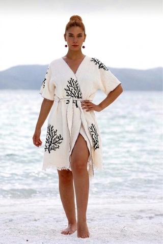 Trendol Fashion Life Desenli Plaj Kimonosu /2 Kat Müslin Kumaş Ekru Ekru
