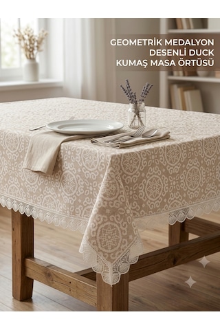 Lüks Dantelli Masa Örtüsü - Geometrik Madalyon Desenli Duck Kumaş Bej