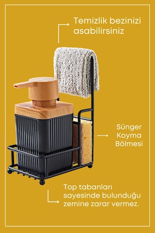 Grimorlife Metal Standlı Süngerli Tekli Siyah Ahşap Akrilik Bulaşık Deterjanı Sıvı Sabunluk 400 Ml-bez Askılığı Siyah