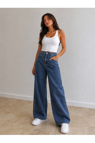 St.poll Christian 90's Orta Mavi Palazzo Salaş Paça Süper Yüksek Bel Jean Pantolon Ortamavi