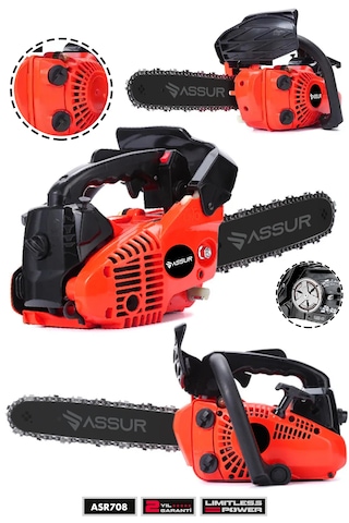 Assur ASR708 25CC Mini Benzinli Testere Ağaç Odun Dal Budama Kesme Testeresi Hızar Motoru Kırmızı
