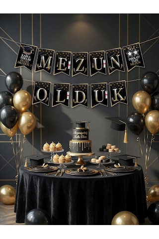 Mezun Olduk Mezuniyet Banner Siyah Gold Parti Süsü Dekorasyon Afişi Diğer