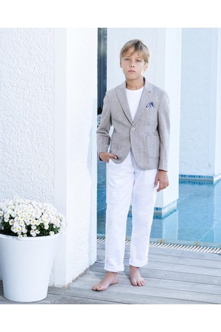 Erkek Çocuk Vizon Takım Elbise Keten Spor Takım 3-14 Yaş Ceket Pantolon Tişort 3-14 Yaş Vizon