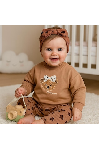 Bear Fiyonk Baskılı Tayt Ve Bandana Leopar Kalp Detaylı 3 Parça Mevsimlik Takım Kahverengi