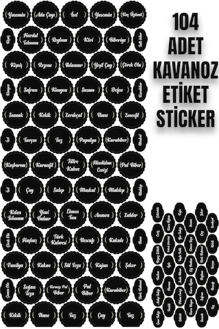 104 Adet Siyah Baharat Bakliyat Kavanoz Sticker Etiket Siyah