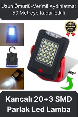 Premium Kancalı Asılabilir Mıknatıslı Pilli Beyaz Işık 50 Metre Mesafeli 20+3 Smd Parlak Led Lamba Diğer
