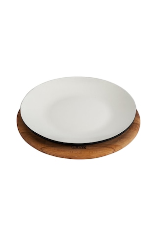 Lava Döküm Yuvarlak Servis Tabağı Ve Kayın Servis Ahşabı. Çap Ø 21cm Sable Mat Siyah
