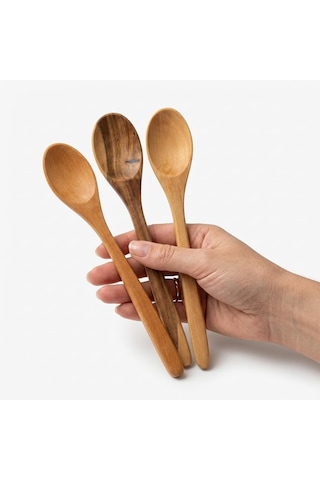 3'lü Doğal Ahşap Kaşık Seti - El Yapımı Uzun Tatlı, Bal, Kahve Ve Baharat Kaşığı 20x3 Cm