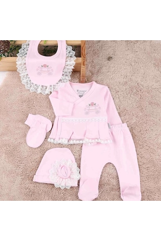 Çiçekli Araba Nakışlı Dantelli 5'li Kız Bebek Hastane Çıkışı 0-3 Ay Pembe Pembe