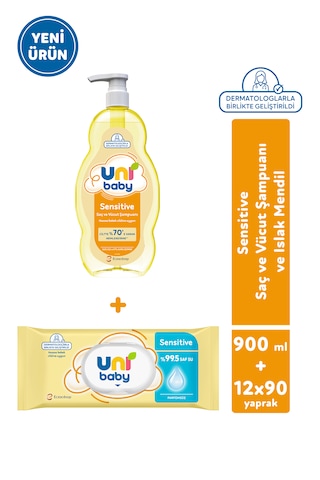 Uni Baby Sensitive Saç ve Vücut Şampuanı 900 Ml + Bebek Islak Mendili 12x90 1080 Yaprak 2'li Set