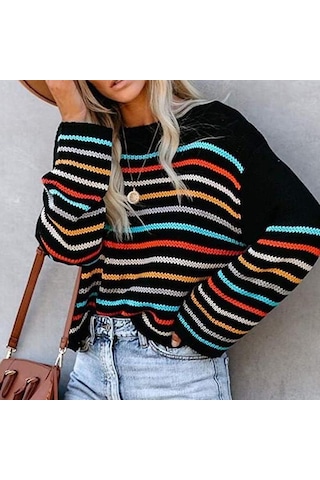 Kadın Uzun Kollu Günlük Düşük Omuz Örgü Kazak Renkli Çizgili Büyük Boy Kazak Üstler Siyah
