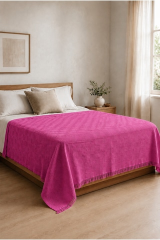 %100 Pamuk Dokuma Pike Çift Kişilik 200x230 Dama Desenli Saçaklı Pike Yatak Örtüsü Pembe