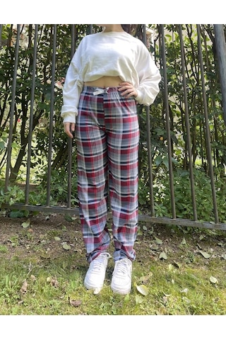 Kadın Pamuklu Ekose Desenli Pijama Altı Eşofman Kurdeleli