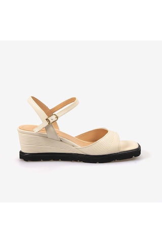 Hawen Angels Kadın Hakiki Deri Bilek Bantlı 7,5 Cm Dolgu Topuklu Sandalet 169-269 Krem