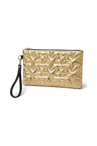 Adelina Bags 2'li Çanta Paketi Yıldız Desenli Portföy El Çantası Bilek Askılı Clutch Çanta Gold