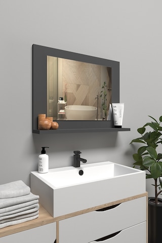 Raflı Banyo Aynası, Lavabo Ve Wc Aynası, Dresuar , Koridor , Mutfak , Makyaj Modern Duvar Tipi Ayna Antrasit Gri