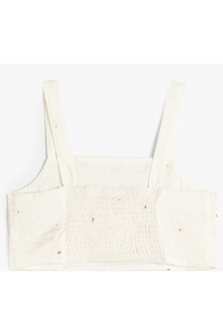 Koton Crop Bluz Çiçek Dokulu Kare Yaka Ekru Desenli 4skg60003ew Ekru