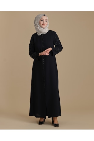 Siyah Kolları Kristal Taşlı Fermuarlı Tesettür Ferace 001