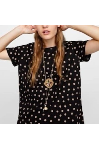 Escbutik Kadın Oversize Geniş Kalıp Puantiyeli Tişört T-shirt SIYAH