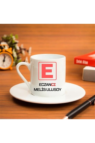 Eczacıya Hediye E Amblemli İsme Özel Kahve Fincanı Tekli Beyaz